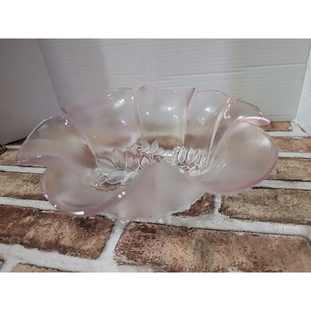 Vintage Mikasa Pink Rosella Bowl Crystal Rose Ruffled Edge Frosted Candy Dish